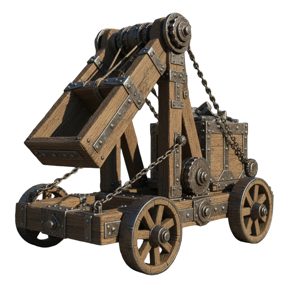 A hard-surface Trellis 2 sample: a wooden catapult with chains, gears, and metal reinforcement
