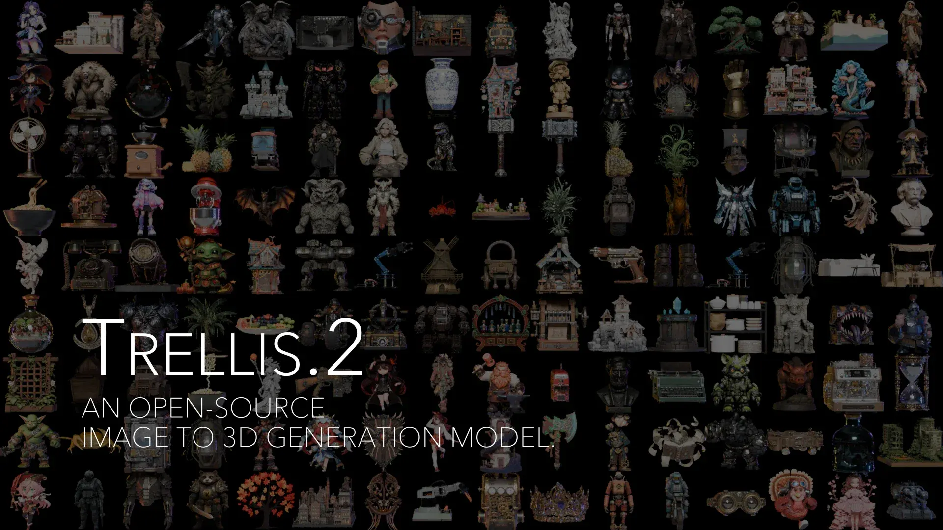 Official showcase montage of Trellis 2 generated assets: characters, props, buildings, and hard-surface models